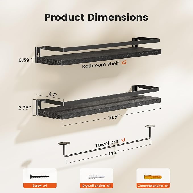 Amada Bathroom Shelves with Towel Bar, Protective Metal Guards, Paulownia Wood - Image 3