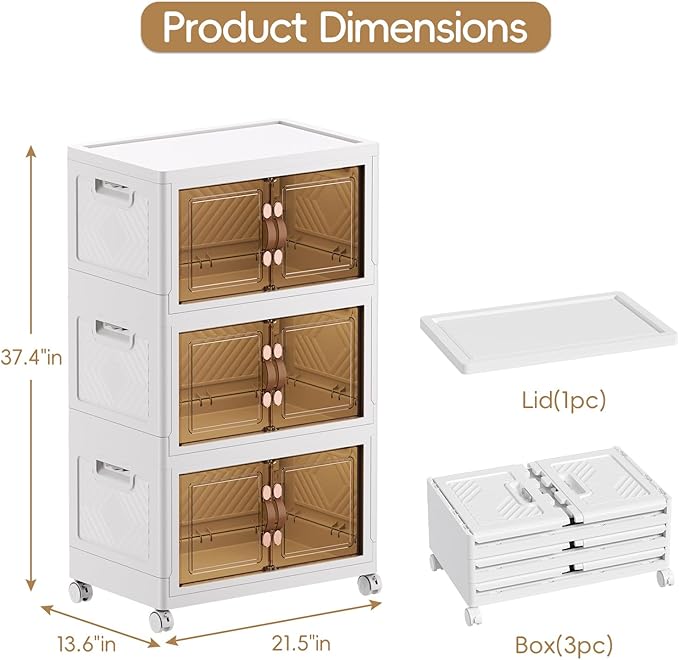 JEKO&JEKO 436Qt Stackable Storage Bins with Lids and Wheels, Foldable Collapsible Plastic Boxes for Clothes, Home, White, 6Pack