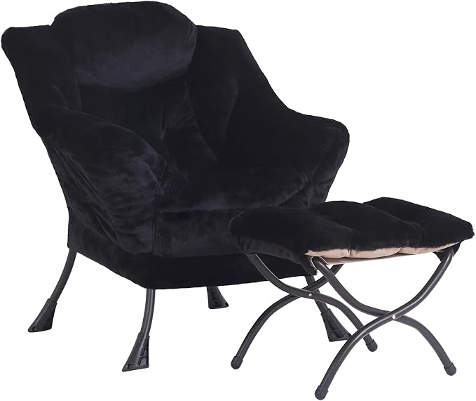 Lazy Chair with Ottoman, Comfy Accent Reading Chair, Plush Black | Foldable by LITA