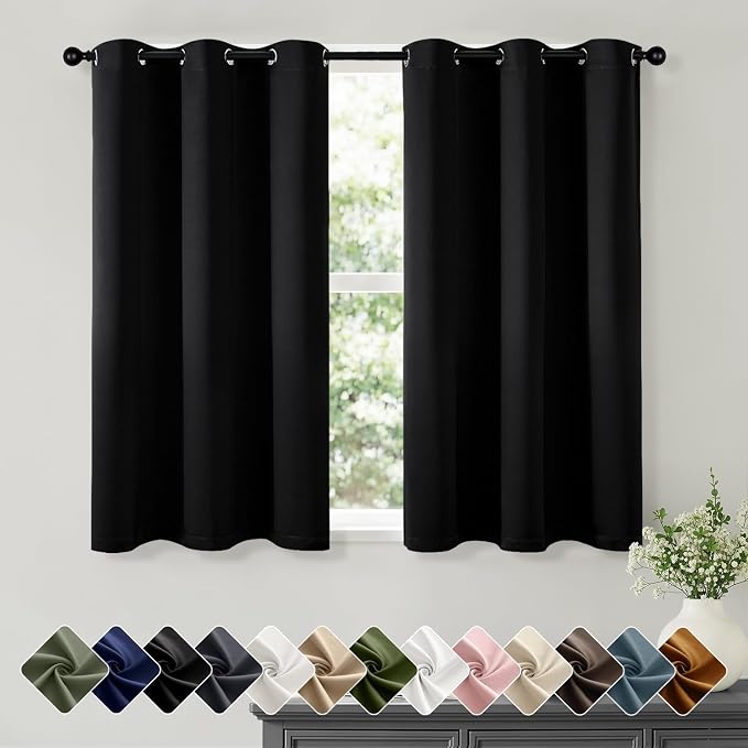 Short Black Blackout Kitchen Curtain W40 x L45 Inch 2 Panels | Thermal Insulated by Woaboy