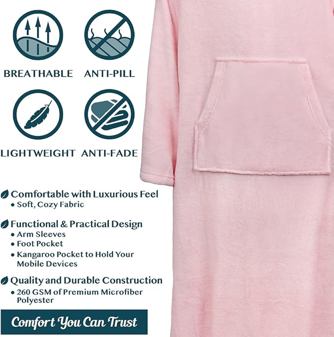 PAVILIA Fleece Blanket with Sleeves, Foot Pockets for Women Men Adults, Plush Wearable Blanket Throw Wrap, Warm Snuggle Blanket Robe, Cozy Gift Ideas Wife Mom, Light Pink