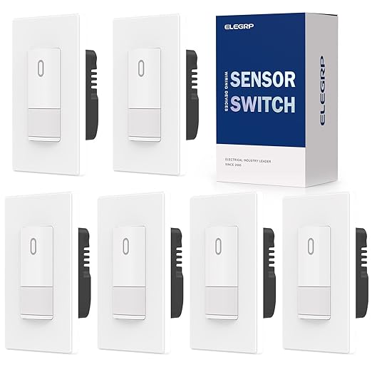 ELEGRP Occupancy Motion Sensor Light Switch, PIR Infrared Motion Activated Wall Switch, No Neutral Wire, Single Pole for CFL/LED/Incandescent Bulb, Wall Plate Included, UL Listed (6 Pack, Matte White)