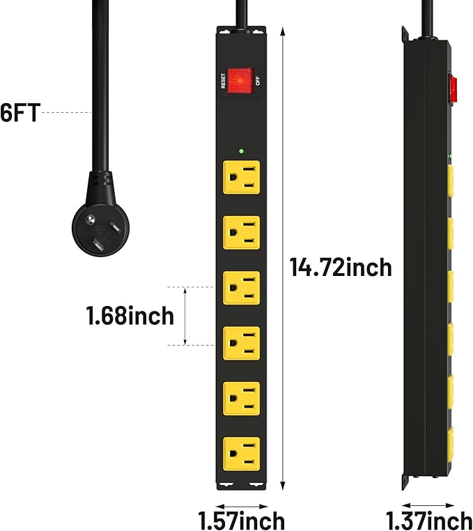Heavy Duty 6 Outlet Metal Long Power Strip, 2700J Surge Protector with 15A Circuit Breaker, 6FT Extension Cord, Wall Mount for Garage, Workshop & Industrial Use, Wide Spaced (2 Pack 6ft)