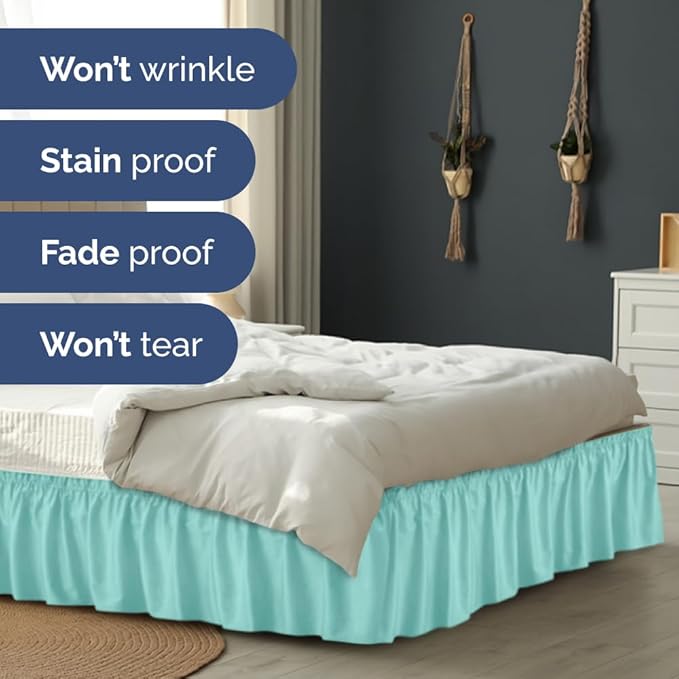 Wrap Around Dust Ruffle Bed Skirt - Spa Blue - for King Size Beds with 24 Inch Drop - Easy Fit Elastic Strap - Adjustable Pleated Bedskirt w/Brushed Fabric Wrinkle Free - for Women, Men, Kids & Teens