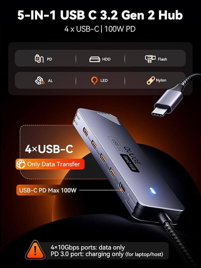 USB C Hub 10Gbps, QUUGE 5-in-1 USB Splitter with 4 USB-C 3.2 and PD 100W Charging, Fast Transfer Aluminum Multiport Type-C Adapter with 100cm Nylon Cable for MacBook Air/Pro, iPad, Surface Pro, XPS