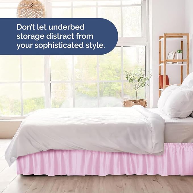 Wrap Around Dust Ruffle Bed Skirt - Light Pink - for King Size Beds with 12 Inch Drop - Elastic Strap - Adjustable Pleated Bedskirt with Brushed Fabric and Wrinkle Free - for Women, Men, Kids & Teens