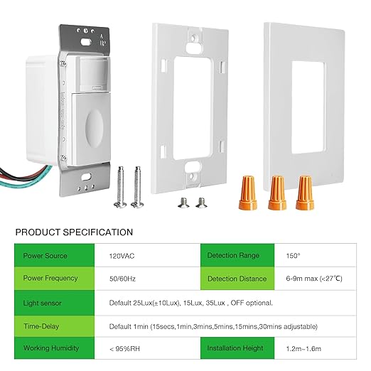 RAYZEEK Motion Sensor Light Switch, 5A, Single Pole, Ground Wire Required, OCC & VAC & Manual Selectable, PIR Infrared Motion Activated Wall Switch, UL Listed, Wall Plate Included, PC Fireproof
