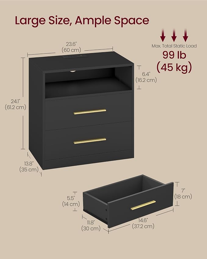 VASAGLE 23.6‑Inch Wide Nightstands, LED Lights, 2 Drawers | Modern Side End - Image 2