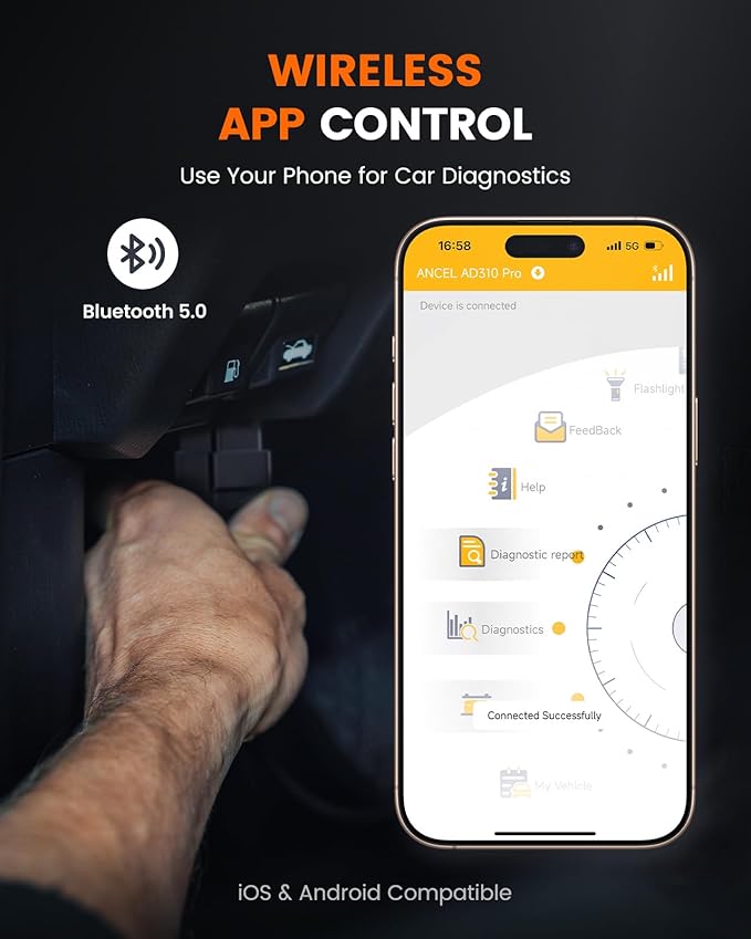 ANCEL AD310 Pro 2-in-1 OBD2 Scanner & Car Battery Tester, Diagnostic Tool with Bluetooth APP for iPhone & Android, Performance Test, Trip Analysis, Engine Health Self Check for All 1996+ Vehicles