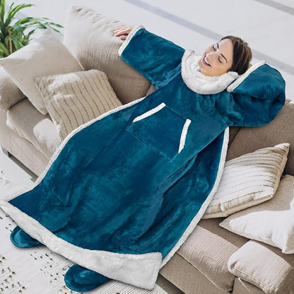PAVILIA Sherpa Blanket with Sleeves, Foot Pocket for Women Men Adults, Thick Wearable Blanket Throw Wrap, Fleece Warm Snuggle Blanket Robe, Cozy Gift Ideas Wife Mom, Teal Blue
