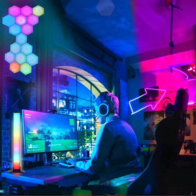 HEDCINLT Smart Hexagon Lights DIY Hexagon Led Light App & Remote Controlled & Music Sync Features USB & Type C Modern RGB Wall Panels for Living & Gaming Decor (6Pack)
