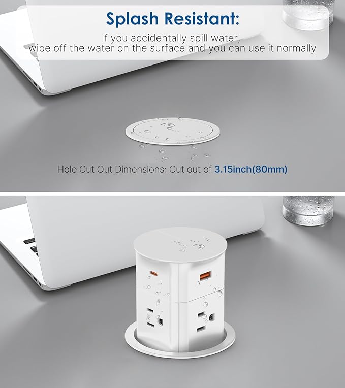 Pop Up Outlet for Countertop,Recessed Power Strip,Power Grommet 3.15 inch Desk Hole Insert,20W USB C,2 Outlets,2 USB C/2 USB A, Table Outlet,Desk Charging Station (White, 3FT)