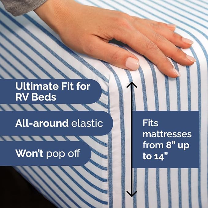 RV Short Queen Sheet Set 60 X 75 - 4 Piece RV Short Queen Bed Sheets - Soft, Breathable & Cooling - Designed for Bunks, Trailers & Campers - Fits 8” to 12" Mattress - Luxury Bedding - Blue Stripes 2