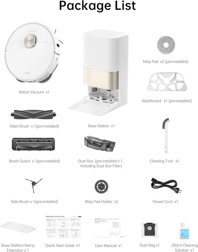 DREAME X40 Ultra Robotic Vacuum with Removable & Liftable Mop, 12,000Pa Suction, Side Brush Extensive Cleaning, 158°F Mop & Washboard Self Cleaning, Auto-Empty, Auto Refill, liftable Brushes White