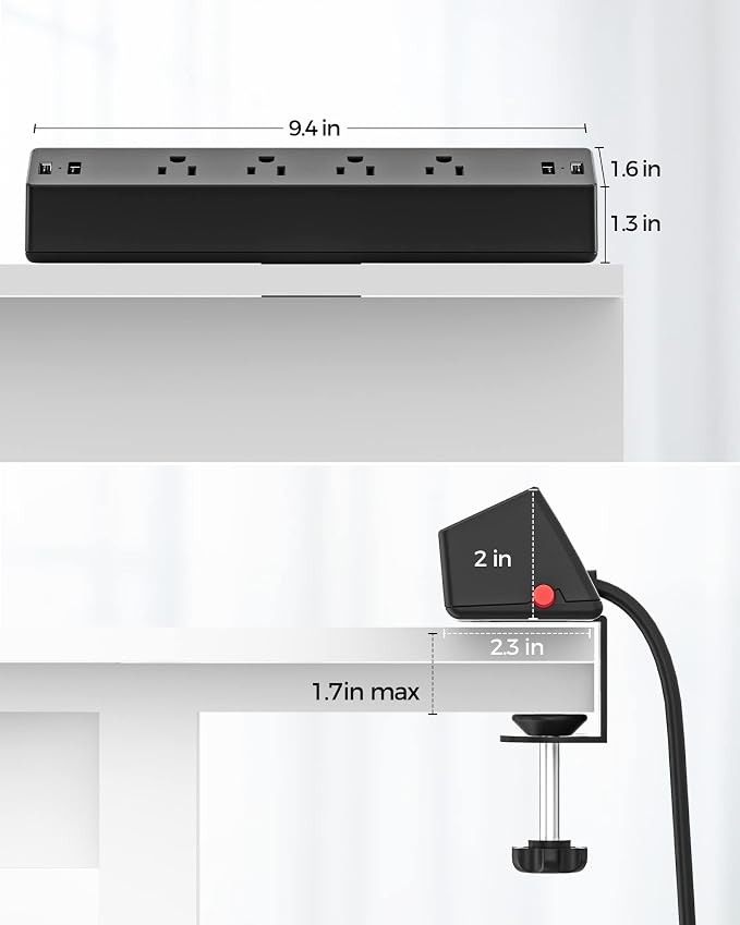 Desk Clamp Power Strip, 4 AC Outlets 4 USB Ports, Fit 1.7'' Tabletop Edge | PD - Image 5