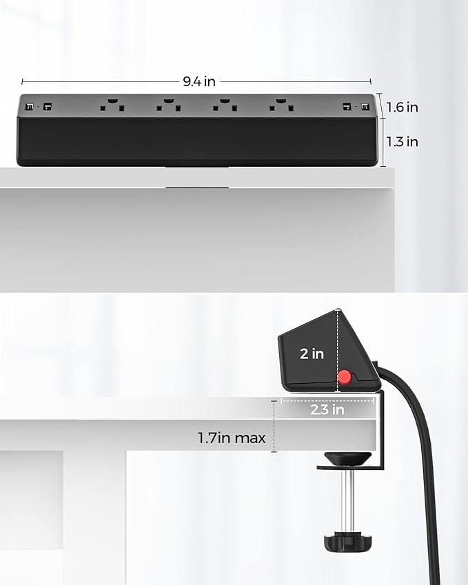 Desk Clamp Power Strip, 4 AC Outlets 4 USB Ports, Fit 1.7in Tabletop Edge | PD - Image 6