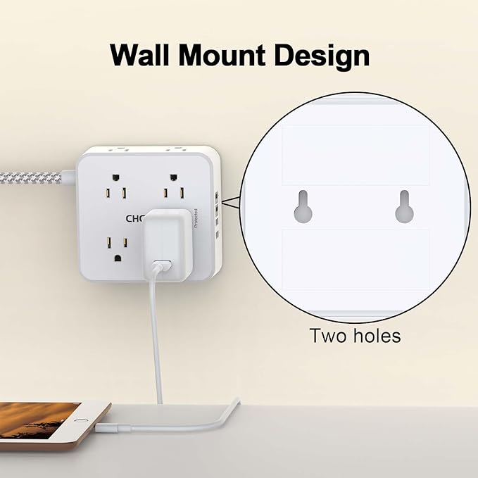 Surge Protector Power Strip - CHCORE 15Ft Braided Extension Cord with 8 Outlets with 4 USB (2 USB C) Charging Ports, Flat Plug Multi Plug Outlet Extender Charging Station for Home Office, ETL, White