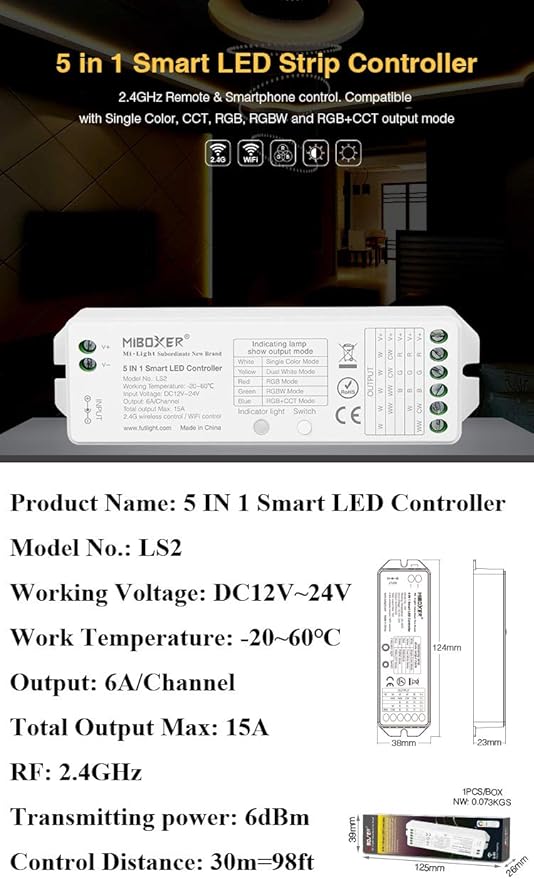 LGIDTECH LS2 LED Strip Lights 5 in 1 Controller,Compatible with Single Color,RGB,RGBW,WW+CW,RGB+CCT LED Strip Lights,Smartphone APP Control via Gateway(Excluded)