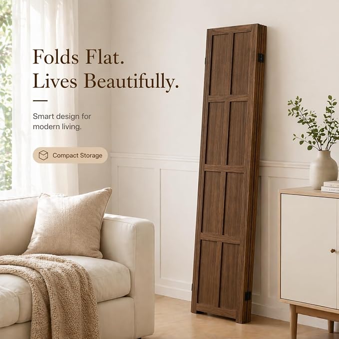 4 Panel Solid Wood Room Divider Folding Privacy Screen Brown | Freestanding - Image 4