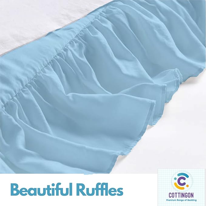 Cottingon Ruffled Bed Skirt with Split Corners-Dust Ruffle - 22" Drop 100% Microfiber Soft,Sheen & Luxurious Look - Bed Skirts (Light Blue -Queen)