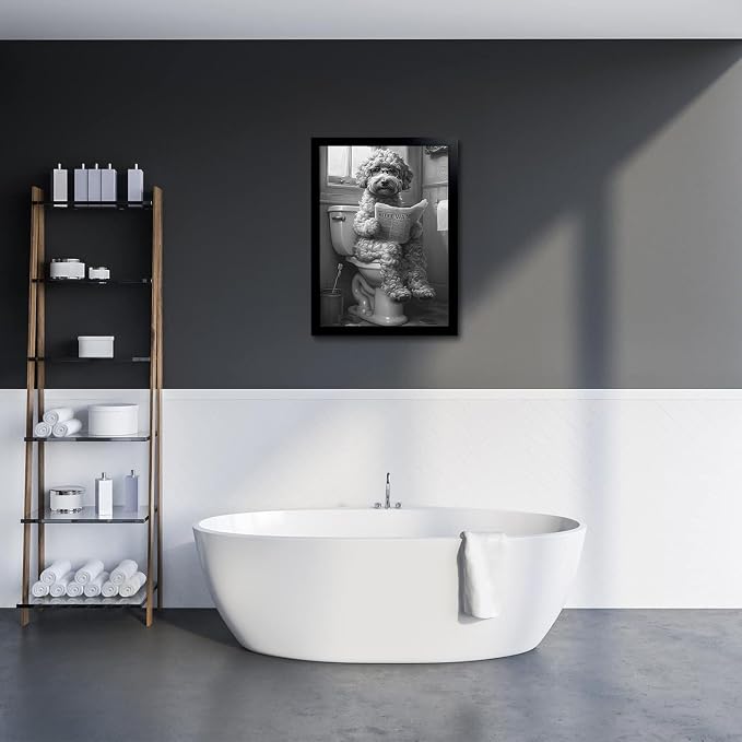 OIQArtOIQ Funny Bathroom Canvas Wall Art Black and White Wall Art Teddy Dog On - Image 2