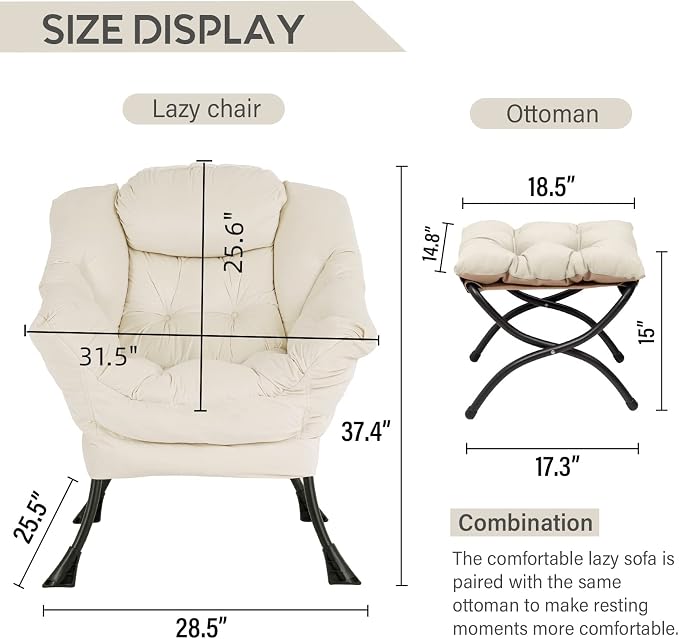 Lazy Chair with Ottoman, Comfy Accent Reading Chair, Velvet Beige | Foldable - Image 3