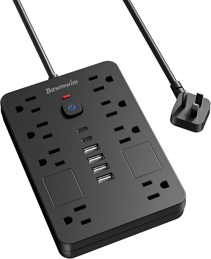 Bawmwim Surge Protector Power Strip - 8 Outlets(1850W/15A) with 6 USB Ports（2 USB C, 6FT Flat Plug Extension Cord, Wall Mount Multi Plug Outlet Extender, ETL Listed for Home, Dorm Room, Black