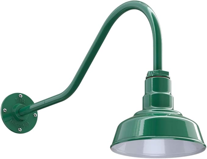 Steel Lighting Co. Hawthorne Barn Light | Outdoor Wall Mounted | 8 inch Dome | 23 inch Gooseneck| Small Farmhouse Light Made in America | Green Exterior/White Interior