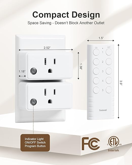 TREEWELL Remote Control Outlet, 200FT Long Range Wireless Light Switch, Mini Remote Outlet Plug, 15A/1875W High-Power for Lamps, Lights, Household Appliances, FCC & ETL Listed (5 Outlets + 2 Remotes)