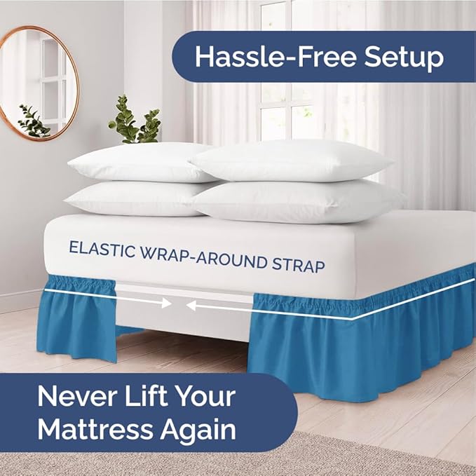 Wrap Around Dust Ruffle Bed Skirt - Denim Blue - for Full Size Beds with 18 Inch Drop - Elastic Strap - Adjustable Pleated Bedskirt with Brushed Fabric and Wrinkle Free - for Women, Men, Kids & Teens