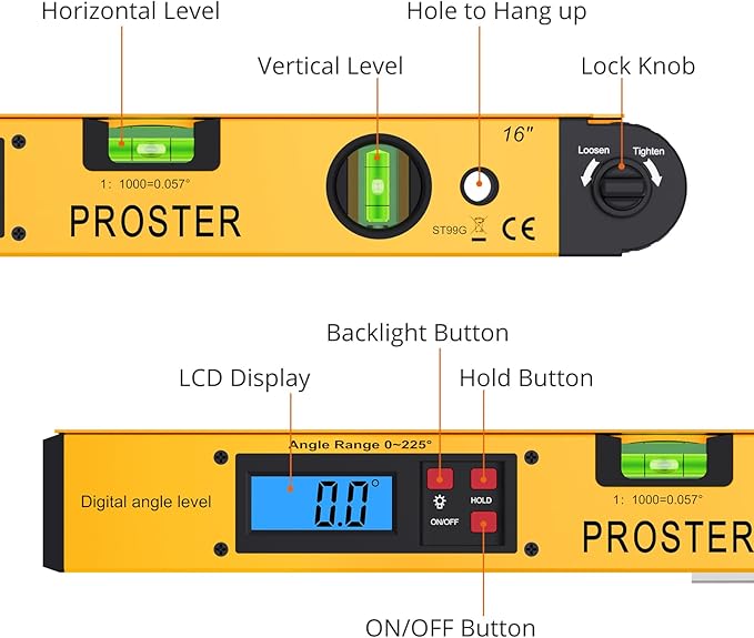Proster Digital Angle Finder Gauge - Aluminum Angle Finder 16 inch 400mm with LCD Vertical Horizontal Spirit Level and Magnetic Base for Woodworker