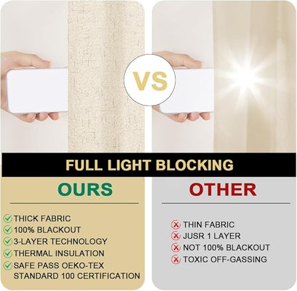 PrinceDeco Blackout Curtains 100% Blackout Linen Textured Curtains for Bedroom Solid Thermal Insulated with White Liner Grommet Room Darkening Curtains & Drapes, Set of 2, 52" W x 63", Bleached Sand