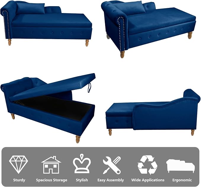 Aoowow Blue Velvet Bedroom Storage Bench End of Bed, Rolled Arm Couch Indoor - Image 7