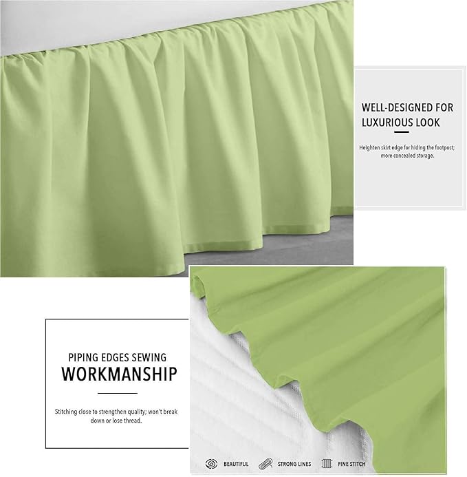 Sage Solid Ruffled Bed Skirt Queen-XL-16 Inch Drop Split Corner, Microfiber Bedskirt with Platform Three Sided Coverage