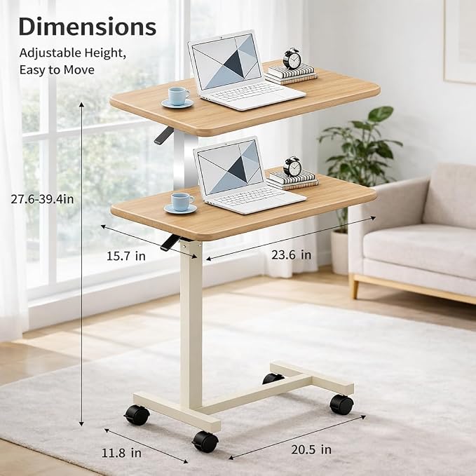 Adjustable Overbed Table with Wheels, Pneumatic Height Lift Rolling Bedside - Image 2