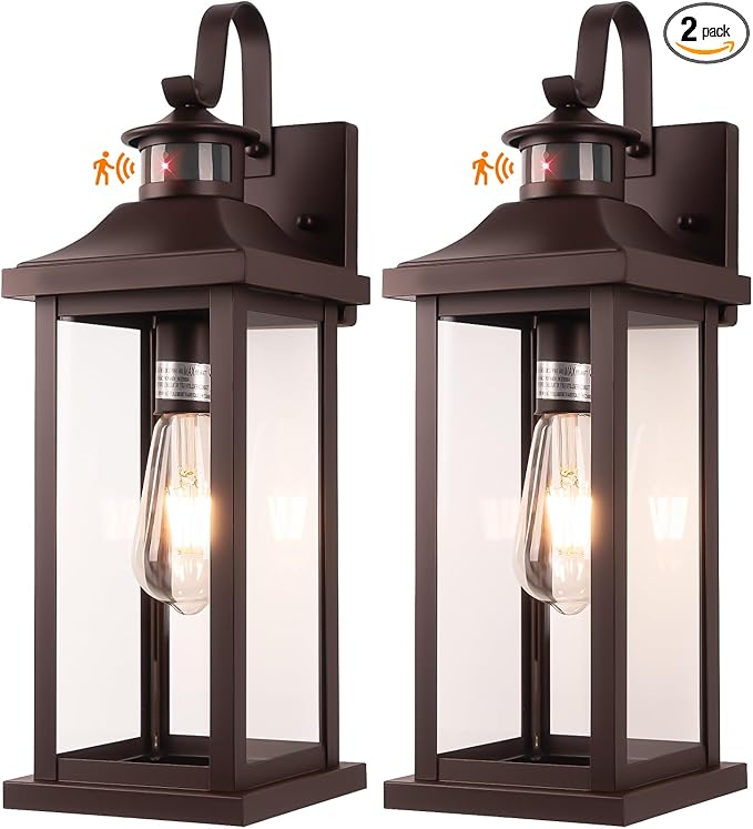 Roravilila Dusk to Dawn Motion Sensor Outdoor Lights Oil Rubbed Bronze 2-Pack, 18 Inch Large Outdoor Light Fixtures Brown Exterior Lights Photocell IP65 Waterproof Outside Lanterns for House Vintage