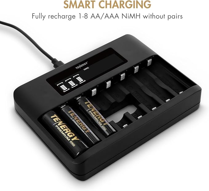 Tenergy 8 Count AA NiMH Premium Pro Rechargeable Batteries and TN480U 8-Bay LCD Display Fast Charger