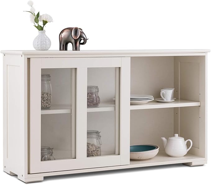 Costzon Sideboard Buffet Cabinet, Wooden Kitchen Storage Cabinet with Adjustable Shelf, Sliding Glass Doors, Accent Coffee Bar Cabinet Console Table for Living Room, Dining Room, Hallway (Cream White)