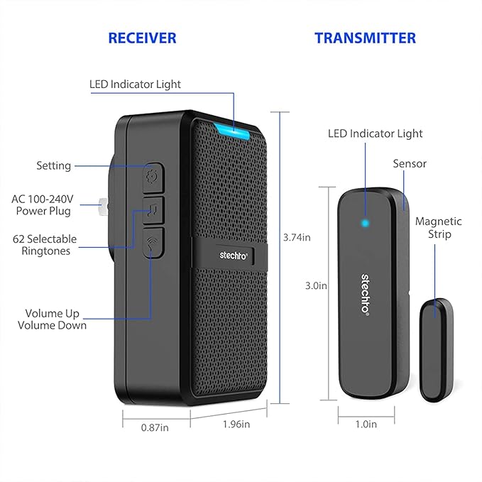 Stechro Door Chime, Wireless Door Open Contact Sensor Alarm with 600ft Range, 62 Chimes 5 Adjustable Volumes for Business/Home/Office/Stores (2 Receivers+3Sensors)