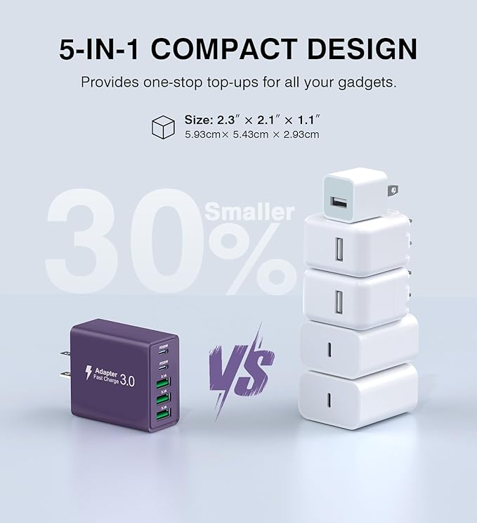 [2-Pack] USB C Wall Charger, 60W Charger Block 5-Port PD Fast Charging Blocks,Multiport 2USB C+3USB A Plug,Type C Power Adapter Brick Cube for iPhone 17/16/15/14/13/Pro,Samsung,for Switch（Purple）