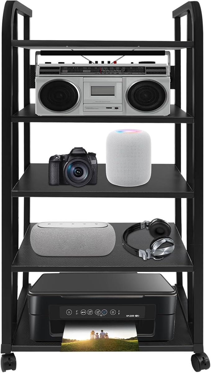 5-Tier AV Media Stand with Universal Wheels, Center Stereo Components Storage Stand, DVD/CD Holder with Adjustable Hole Spacing Movable Audio Media Stand for Living Room, Game Room (5 Tiers)