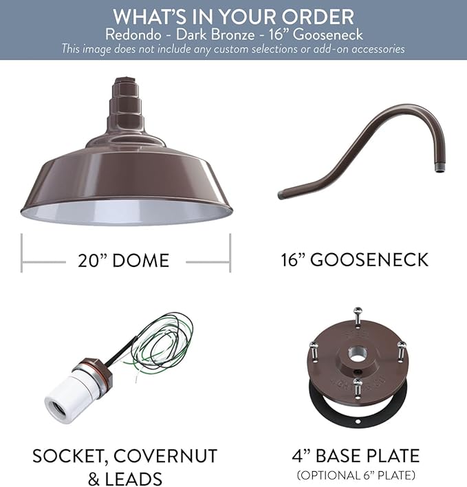 Steel Lighting Co. Large Outdoor Barn Light | Gooseneck Light Fixture | Made in America from 18-Gauge Steel | 20" Dome | 16" Gooseneck Gooseneck Dark Bronze Exterior/White Interior