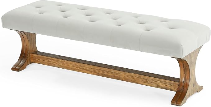 LITTLE TREE 55" Upholstered End of Bed Bench, Solid Wood Tufted Entryway Bench - Image 8