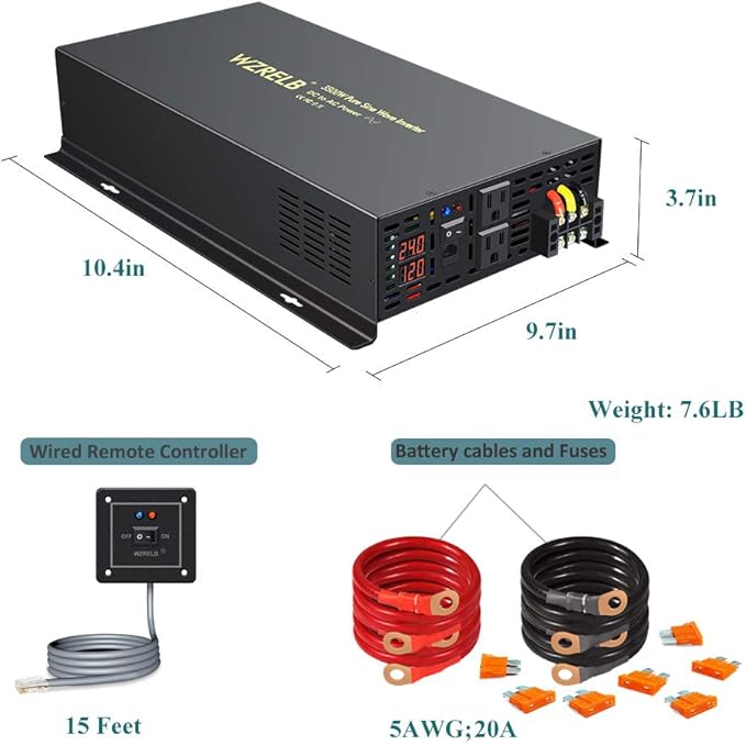 WZRELB 3500W 24VDC 120VAC Pure Sine Wave Power Inverter, 2 AC Outlets, Wired Remote Control, RV (RBP-350024WR)