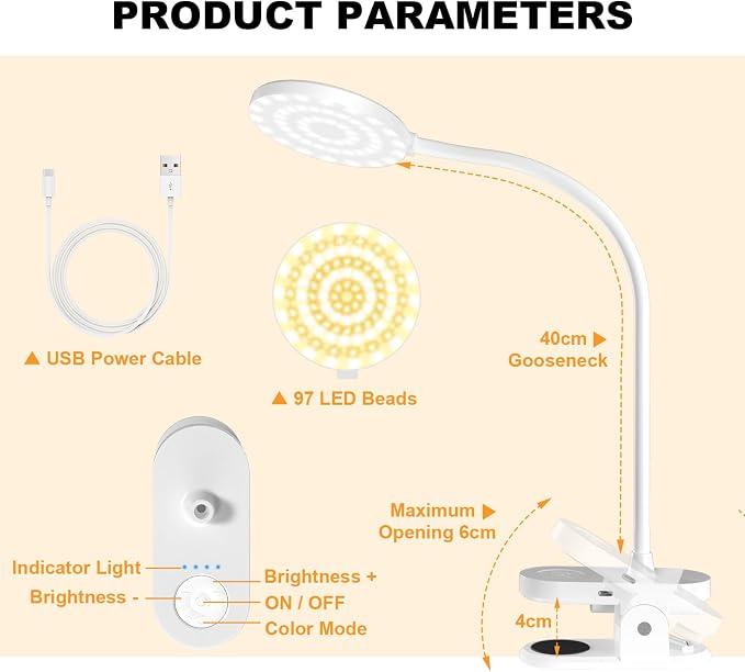 Rechargeable Desk Lamp with Clamp, 97 LED Bright Clip on Light with 3 Color & - Image 8