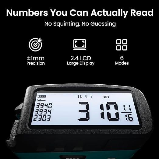 Digital Tape Measure 16 Ft, 2.4" LCD Display, 6 metric and imperial units, Easy Read Digital Measuring Tape Retractable with Fractions 1/16 Rechargeable Measurement Tool for Distance/Area/Volume, Blue