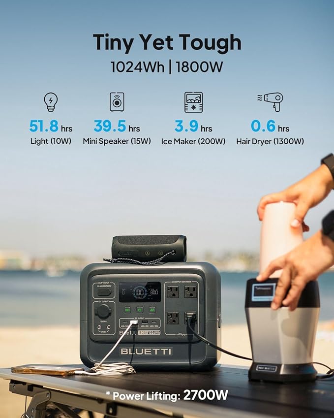 BLUETTI Solar Generator Elite 100 V2 with 2×100W Solar Panels Included, 1024Wh Portable Power Station w/ 2 1800W AC Outlets, 35% Smaller, Ideal for Camping, Emergencies, Backup Power