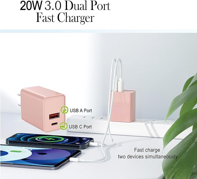 USB C Charger Block 2Pack, 20W Type C Power Adapter for Apple Watch Series 9 Fast Charging Block, PD Dual Port USB C Brick Wall Plug Compatible for iPhone 15/15 Pro Max/14/13, Pink