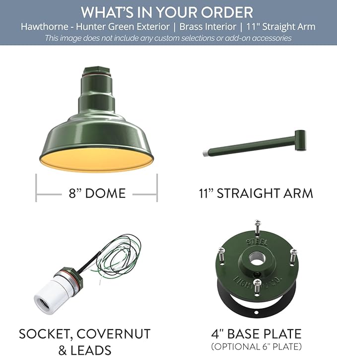Steel Lighting Co. Hawthorne Barn Light | Outdoor Wall Mounted | 8 inch Dome | 11" Straight Arm | Small Farmhouse Light Made in America | Hunter Green Exterior/Brass Interior