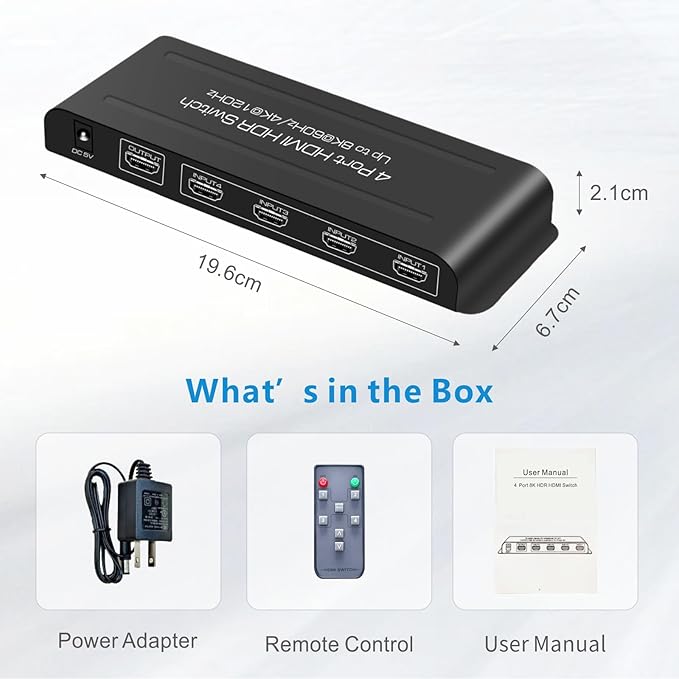 iArkPower 8K HDMI Switch 4 in 1 Out 4K@120Hz HDMI Switcher Support HDR10+, Dolby Vision, Dolby Atmos, VRR, ALLM, CEC